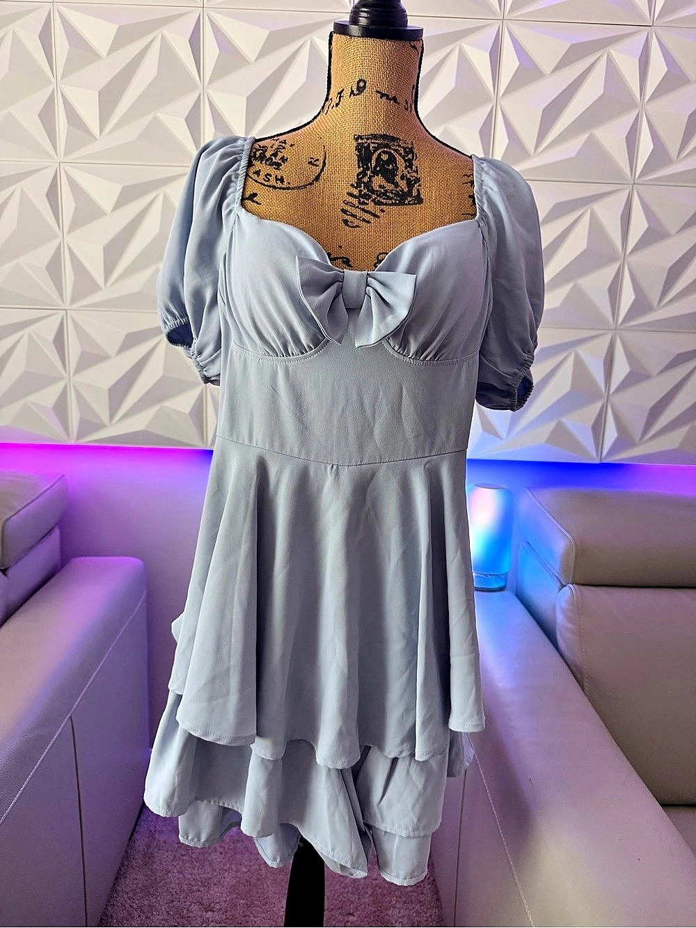 Altar’d State Light Blue Bow Puff Sleeve Romper | XL